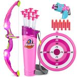 Own1one Bow and Arrow Set for Kids with LED Lights, 2 in 1 Girls Archery Set Includes 1 Bow, 10 Suction Cup Arrows & 1 Quivers, Indoor and Outdoor Toys Gifts for Girls Ages 4 5 6 7 8 Years Old (Pink)