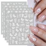 JMEOWIO 12 Sheets Spring White Flower Nail Art Stickers Decals Self-Adhesive Summer Butterfly Leaf Floral Nail Supplies Nail Art Design Decoration Accessories