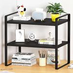 Desktop Organizer Shelf, 2 Tiers Desktop Storage Shelf, Desk Shelf Storage Rack, Metal and Wooden Desktop Countertop Bookshelf, Small Display Shelf for Office, Kitchen, Bedroom, Bathroom, Dorm (Black)