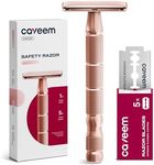 CAVEEM Double-Edge Safety Razor, Single-Blade Razors with 5 Stainless Steel Safety Razor Blades for Men and Women, Reusable Metal Razor – Rose Gold