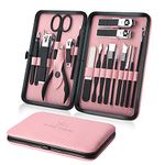 Keiby Citom Manicure Set 18pcs Professional Nail Clippers Kit Pedicure Care Tools-Stainless Steel Grooming Tools With Rose Gold PU Leather Case for Travel & Home (Pink)