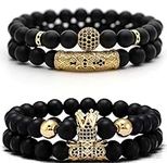 JEWPARK 4 Pcs Crown King Bracelets for Men Black Matte Onyx Cool Natural Stone Bracelets Set, King, Stone