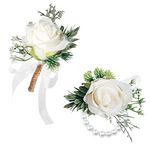 Feibety 2 Pcs Wrist Corsages for Wedding,Bride Corsage Wristlet Band Stretch Pearl Wedding Handmade Artificial Wristband Pearl Corsage and Boutonniere Set Bracelets for Wedding Party Bride Bridesmaid