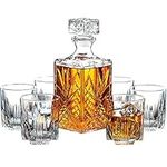 Paksh Novelty Whiskey Decanter Set - 7-Piece Italian Crafted Glass Decanter & Whiskey Glasses Set - Holiday Whiskey Gifts for Men and Women w/Ornate Stopper and 6 Cocktail Glasses, Red