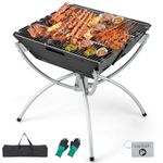 COSTWAY Camping Fire Pit, Portable Campfire Grill with Cooking Grills, Carrying Bag and Gloves, 3-In-1 Stainless Steel Wood Burning Firepit Grill for Outdoor Cooking Picnics Bonfire (Black + Silver)