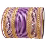 NEW! Touchstone "Colorful 2 Dozen Bangle Collection" Indian Bollywood Alloy Metal Textured Purple Golden Designer Special Large Size Bangle Bracelets Set Of 24. In Antique Gold Tone For Women