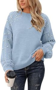 Blooming Jelly Women's Chunky Sweater Crewneck Sweatshirt Knit Lantern Sleeve Oversized Pullover Sweater with Pearls(Medium,Sky Blue)