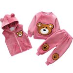 Bold N Elegant Cute Cartoon Bear Graphics Winter Warm Sweatshirt Hood Jacket and Jogger Pant 3 Pc Layering Clothing Set for Infant Toddler Kids (Pink, 12 Months-18 Months)