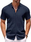 COOFANDY Mens Button Down Knitted Crochet Shirts Casual Vintage Summer Beach Waffle Hollowed Out Shirts Dark Navy Blue