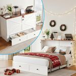 Mjkone 57" W Full Size Murphy Cabinet Bed with Tri-fold Mattress, Full Murphy Bed with Storage Drawer & USB Charging Station, Chest Cabinet Beds for Bedroom, Small Space, Guest Room, White