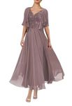 Geforsp 2 Piece Tea Length Mother of The Bride Dresses with Jacket Short Sleeves Lace Formal Evening Gown with Pockets, Wisteria, 12