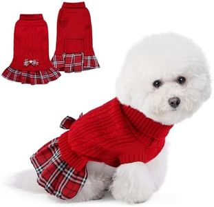 WOYYHO Dog Sweater Dress for Small Dogs with Bowtie Turtleneck Dog Sweater Dress with Leash Hole Dog Winter Clothes Warm Knitted Puppy Sweater for Chihuahua Yorkies Havanese (Small, Red)