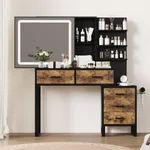 Makeup Vanity Desk with Sliding Mirror and Lights, Large Dressing Table with Charging Station, 3 Lighting Modes, 5 Large Drawers and 3 Tiers of Open Shelves for Bedroom, Dark Brown