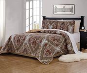 MK Home 3pc King/California King Bedspread Quilted Print Floral White Brown Green Reversible Taupe Over Size New # Portia 66