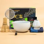 Japanese Tea Set (7pcs) Matcha Whisk Set Matcha Bowl with Pouring Spout Bamboo Matcha Whisk (chasen) Scoop (chashaku) Matcha Whisk Holder Tea Making Kit. N3, Lt. Grey, Matcha Green Tea Powder