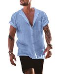 YAOBAOLE Linen Cotton Casual Beach Shirts Men's Short Sleeve Grandad Shirt Light Blue 3XL