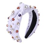 Pearl Knotted Headband for Women White Pearl Rhinestone Crystal Jeweled Embellished Hairband Fashion Elegant Ladies Wide Top Knot Bride Headband Boho Wide Head Band Headpieces Bachelorette Party Hair Accessories (white knot headband A)