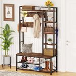 BON AUGURE Coat Rack with Shoe Storage Bench, 5-in-1 Hall Tree Entryway Bench with Reversible 5 Tier Shelves, Industrial Wood and Metal Coat Tree for Hallway (Rustic Oak)