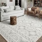 8x10 Rugs for Living Room Machine Washable Light Grey Floral Aesthetic Area Rug, Boho Soft Faux Wool Large Carpet for Dining Room Under Table, Farmhouse Bedroom Rug Non-Shedding, 8x10ft, Ivory Gray