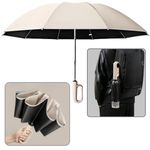 New Travel Umbrella with Carabiner Handle,Large Reverse Umbrella for Rain and UV Protection,Sturdy Windproof, Travel Portable,Automatic Umbrella with Reflective Strip for Women or Men (Beige, 41 inches in diameter)