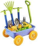 Delex Pull along Kids Wagon Wheelbarrow and Gardening, Beach and Tools Play Set With Water Pail and Spray Includes 10 Accessories and 4 Plant Pots