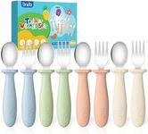 DRKIO 8 Pieces Toddler Utensils Set - Kids Silverware Set with Silicone Handle Children Safe 18/8 Stainless Steel Forks and Spoons Anti-Choke Design Food Grade Dishwasher Safe