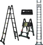 Dajianglx 16.5FT Telescoping Ladder A-Frame Aluminum Extension Ladders with Tool Platform and Moverable Wheels,Multi-Purpose Collapsible Ladder for Household Or RV Outdoor Work,Duty330lbs（Dark Green）