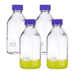 PATIKIL 4 Pack Reagent Media Storage Bottles, 1000ml Borosilicate Glass Graduated Round Bottles with GL45 Blue Screw Cap for Lab Water Reagent Liquids, Clear