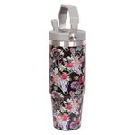 JIU HONG CHAO Stainless Steel Floral Travel Tumbler with Lid, 30 oz Cow Skull flower Travel mug with Handle (Black Bullskull, 30 OZ)