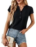 Blooming Jelly Women's Dressy Casual Tops Business Work Blouses Button Down Black Shirts 2024 Summer Cute Cap Sleeve Tshirt (Black,X-Large)