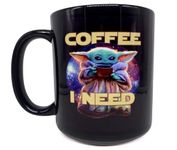 HOUSE PARTY 2K20 Star Wars Mug Grogu COFFEE I NEED Quote Coffee Mug, The Mandalorian TV Series Inspired, 11oz Black Ceramic