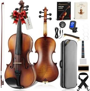 AKLOT Handcrafted Flamed Maple Violin: Full Size Matte Fiddle, Acoustic Advanced 4/4 Violin Kit with Ebony Bow, Solid Wood Shoulder Rest, Lesson Book, Hard Case, Extra Strings, Tuner (VRT-AdvAR)​