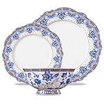 ACMLIFE Bone China Dinnerware Set for 4, 12-Piece Vintage Floral Dinnerware Set, Lightweight Kitchen Plates and Bowls Set, Blue and White