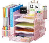 Marbrasse Desk Organiser File Holder,5-Tier Paper Letter Tray Organiser with Drawer,2 Pen Holder,Mesh Desktop Storage with Magazine Holder for Office Supplies (Pink)