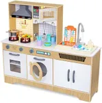 Lil' Jumbl Kids Wooden Natural Color Kitchen Set, Pretend Working Sink with Real Running Water, Includes Range Hood, Microwave & Stove Top, Realistic Sound & Light, Full Accessory Set Included