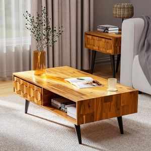 Bme Georgina Solid Wood Coffee Tables for Living Room, Coffee Table Mid Century Modern with 2 Symmetrical Storage Drawers & Geometric Details, Fully Assembled Center Table, Teak Brown