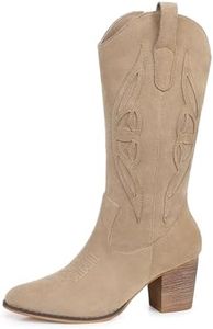 SHIBEVER Cowboy Boots for Women Mid: Wide Calf Cowgirl Booties Western Embroidered Chunky Heels Boots with Zipper Apricot Size 7