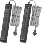 2 Pack Power Bar - Surge Protector with 6 Outlets 4 USB Charging Ports, 5Ft Braided Extension Cord, Flat Plug, Overload Protection, Wall Mount for Home Office (Black)