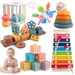 Aliex 6 in 1 Montessori Toys for Babies 6 Months - 3 Year Old, Baby Toys Stacking Rings Blocks Wooden Shape Sorter Activity Cube Xylophone Gifts for Baby Boys Girls 6 9 12 Months 1 2 3 Year Old