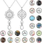 2 Pieces Inspirational Lanyards for ID Badges for Women with 20 Styles Interchangeable Breakaway Snap Buttons Charms Pendent ID Holder Lanyard Necklace Badge Necklace for Women