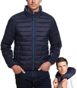 Weatherproof Men's Puffer Jacket, Lightweight Wind Resistant Alternative Down Jacket with Packable Travel Neck Pillow (S-3XL), Navy, Medium