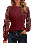 Hotouch Womens Lace Long Sleeve Tops Crewneck Pleat Dressy Blouses Casual Loose Fall T Shirts Wine Red