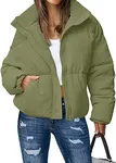 MEROKEETY Women's Oversized Long Sleeve Puffy Jacket Zip Up Stand Collar Short Coat Outerwear, Peagreen, S