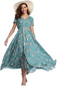 Ferrendo Women's Floral Maxi Dress Button Up Split Flowy Bohemian Party Beach Dresses, Turquoise, Medium