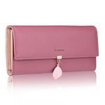 FT FUNTOR PU Leather Wallet for Women RFID Blocking Ladies Leaf Pendant Coin Zipper Long Purse with Multiple Card Slots and Card Holders Phone Pocket (Deep Pink)