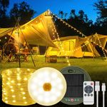 AMFUN String Lights, Solar Camping String Lights Reel, 39FT/12M 120LED, USB Rechargeable, Waterproof, Retractable Camping String Lights for Outdoor, Indoor, Home, Patio, RV, Garden, Warm White