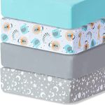 bimocosy Fitted Crib Sheets for Boys,Girls 4 Pack, 28'' x 52'' Multi Color Breathable & Soft Microfiber Toddler Sheets for Standard Crib and Toddler Mattress, Stars/Woodland Animals/Grey/Light Green