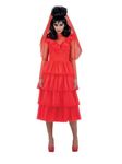 Smiffys Beetlejuice Lydia Bride Adult Costume Mini Dress Veil and Choker in Red Tiered Layered Design Official Warner Brothers Licensed Costume Perfect for Matching Family Fancy Dress