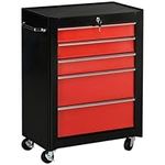 HOMCOM 5-Drawer Lockable Steel Tool Storage Cabinet with Wheels Handle 2 Keys Organisation Box Unit Chest Garage DIY Workshop Trolley Red