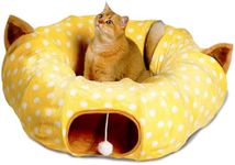 AUOON Cat Tunnel Bed with Central Mat Under Christmas Tree,Big Tube Playground Toys,Full Moon Shape for Kitten,Cat,Puppy,Rabbit,Ferret,Yellow